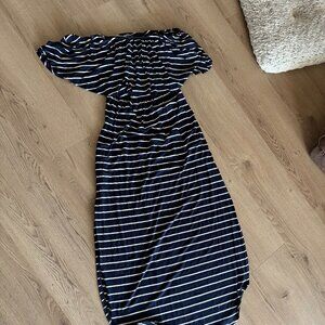 Navy blue and white striped off the shoulder maxi dress
